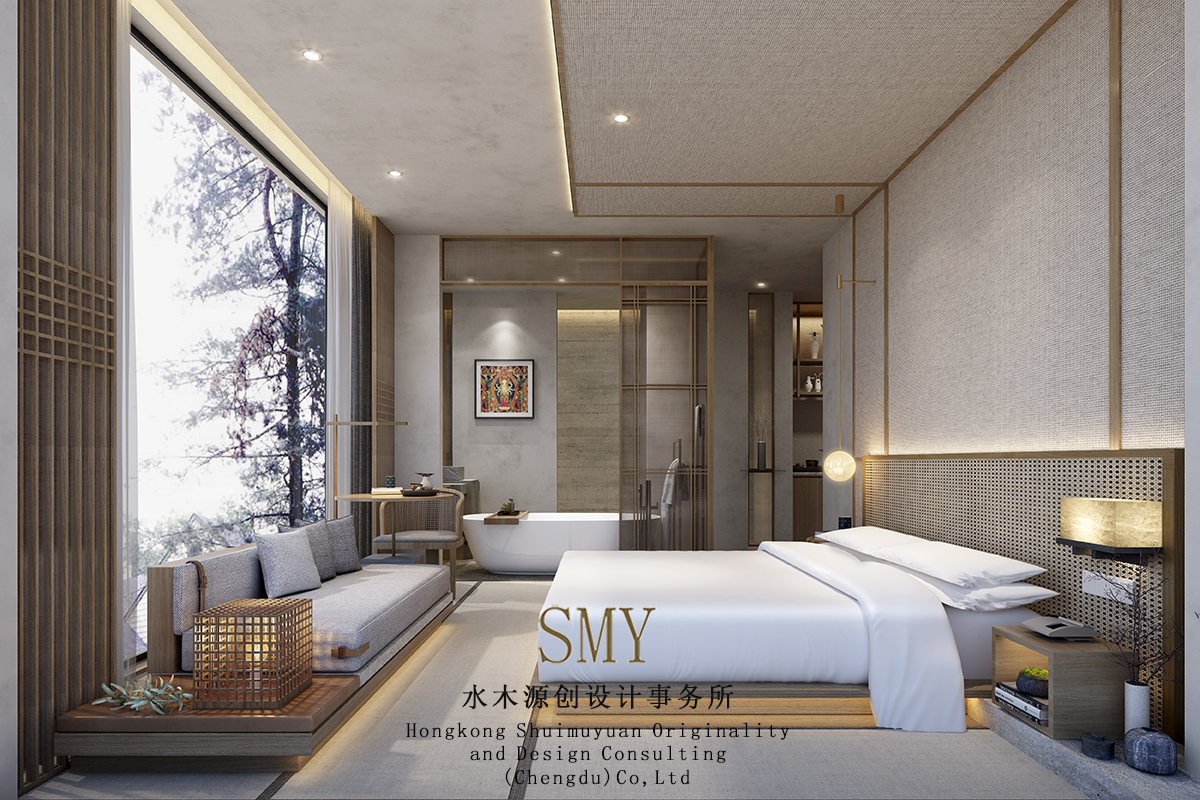 民宿客房空間采光及落地窗設(shè)計，針對沙發(fā)、床、書桌的家具協(xié)調(diào)