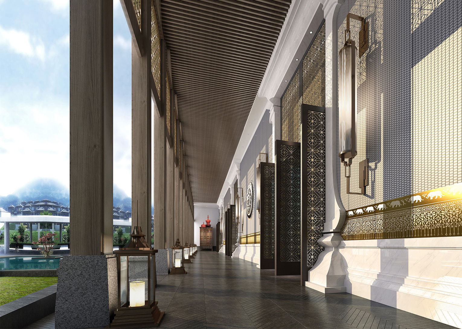 酒店外部走道裝修設(shè)計，室外效果圖