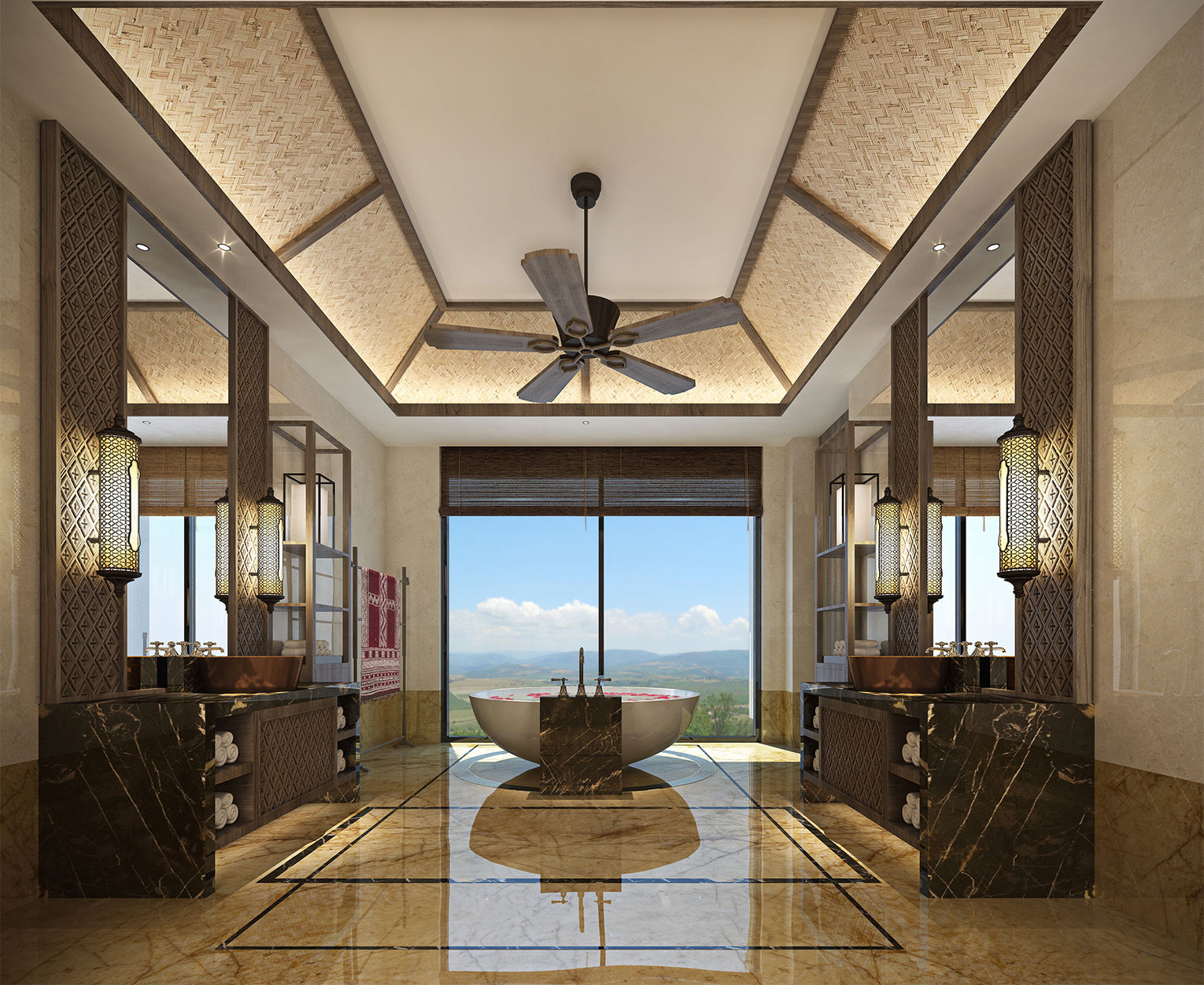 度假酒店客房洗浴間，室內(nèi)浴缸布置